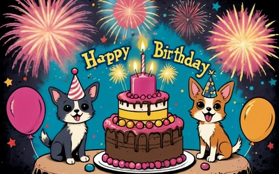 A Birthday card with two dogs and a cake with candles and balloons on it, and fireworks in the background, and a Birthday cake with a dog and a cat, plain background, a pastel, furry art