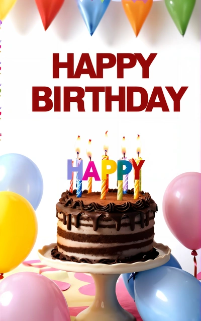 A Birthday cake with candles on it surrounded by balloons and streamers of streamers and a sign that says happy Birthday to you,, plain background, a pastel, american barbizon school