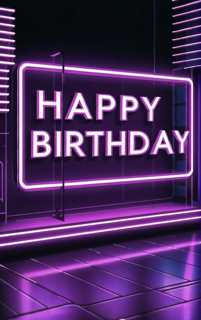 A neon sign that says happy Birthday in a dark room with a tiled floor and a tiled floor below it is a purple neon sign that says happy Birthday, neon lighting, a 3d render, video art