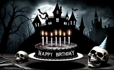 A Birthday cake with candles and a skull on a table with a full moon in the background and a creepy castle with a full moon in the background, horror theme, a pastel, gothic art