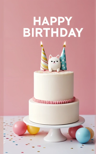 A Birthday cake with a cat on top of it and a happy Birthday card in the background with confetti and balloons on the bottom, plain background, a pastel, international typographic style