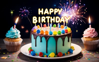 A Birthday cake with candles and cupcakes with confetti and sprinkles on a plate with a black background with a happy Birthday written on it, plain background, a pastel, net art