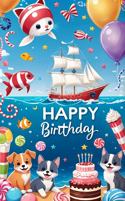 A Birthday card with a cat and dog on the beach and a ship in the background with balloons and confetti on the bottom, colorful flat surreal design, computer graphics, naive art