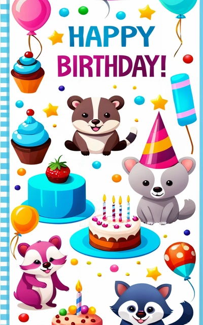A Birthday card with a bunch of animals and balloons on it, and a cake with candles and balloons on it, and a happy Birthday message, plain background, a pastel, naive art