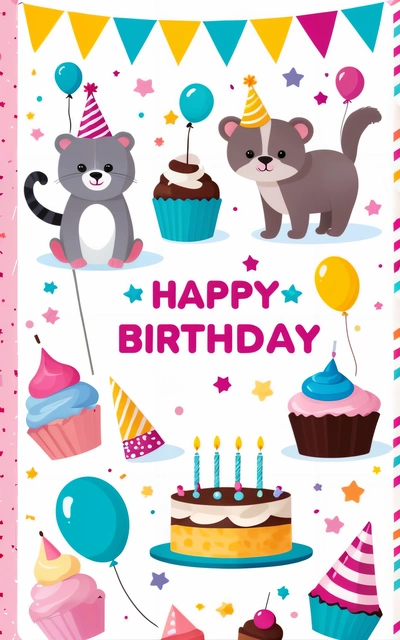 A Birthday card with a bear and a cake on it with balloons and stars around it and a happy Birthday message in the middle of the card, plain background, a pastel, naive art