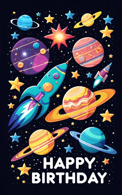 A Birthday card with a space theme and stars on it, with the words happy Birthday written in the middle of the card, and a rocket ship, saturn, saturn, saturn,, space, vector art, space art