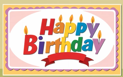 A happy Birthday card with candles and a ribbon around it's edges and a banner with the words happy Birthday on it, in a colorful background, plain background, a pastel, international typographic style