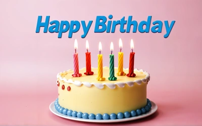 A Birthday cake with lit candles on a pink background with a happy Birthday message in the middle of the cake is a blue and white plate, plain background, a pastel, american barbizon school