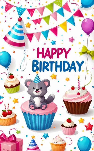 A Birthday card with a bear and cupcakes on it and balloons and streamers around it, and a Birthday banner with a bear on the bottom, plain background, a pastel, naive art