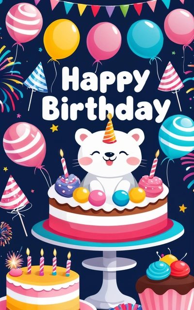 A Birthday card with a bear and cake on it with balloons and streamers around it and a happy Birthday message in the middle of the card, plain background, a pastel, naive art
