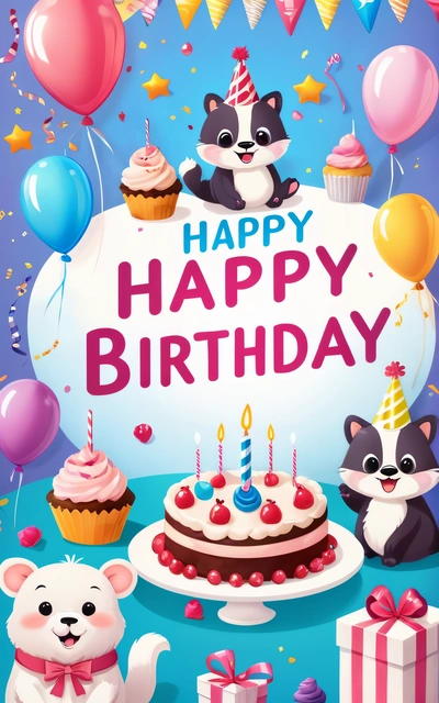 A Birthday card with a cake and animals on it and balloons and streamers around it with a happy Birthday message in the center of the card, plain background, a pastel, naive art