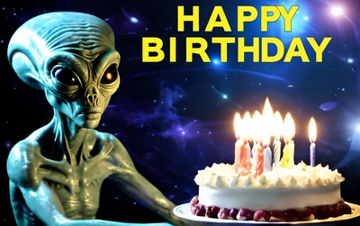 A Birthday cake with candles and an alien holding a plate with a cake on it with the words happy Birthday written on it and a background of stars, alien, a pastel, space art