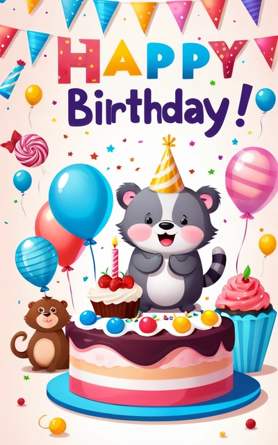 A Birthday card with a bear and a cake with balloons and a balloon on top of it, and a bear holding a candle in the middle of the cake, plain background, a pastel, naive art