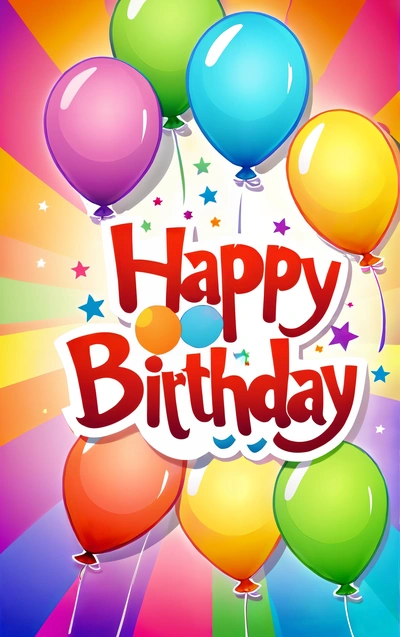 A happy Birthday card with balloons and stars on a colorful background with a happy Birthday message in the center of the card is a rainbow, plain background, a pastel, international typographic style
