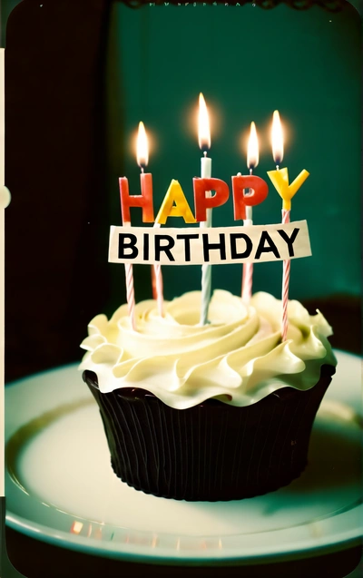A cupcake with candles that say happy Birthday on it with a sign on top of it that says happy Birthday on it with candles, post processed, a pastel, american barbizon school