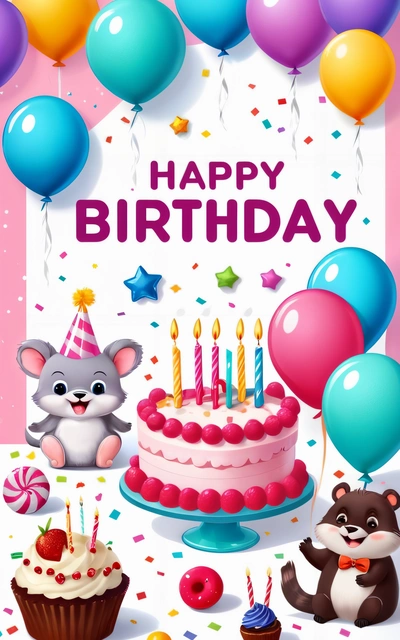 A Birthday card with a cake and balloons and a cat and a mouse on it with a happy Birthday message in the middle of the card, plain background, a pastel, naive art