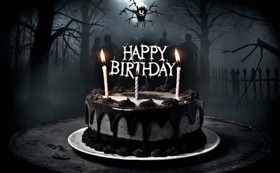 A Birthday cake with candles that are lit up in the dark of night with a creepy background and a creepy figure behind it with a creepy face, dark background, a pastel, gothic art