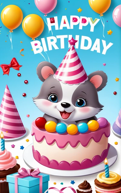 A Birthday card with a cartoon animal on it's side and balloons and presents around it, and a Birthday cake with a candle, happy, a pastel, naive art