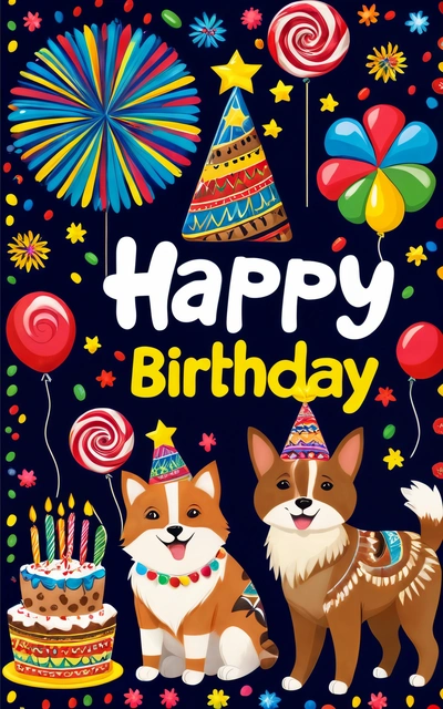 A Birthday card with two dogs and a cake with candles and balloons on it, and a fireworks and streamers in the background, and a fireworks and a happy Birthday, plain background, a pastel, naive art