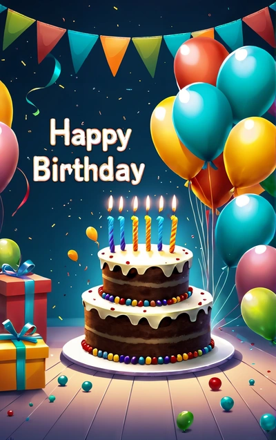 A Birthday cake with candles and balloons on a table with a banner and streamers in the background that says happy Birthday, with a gift box and balloons, dark background, a pastel, computer art