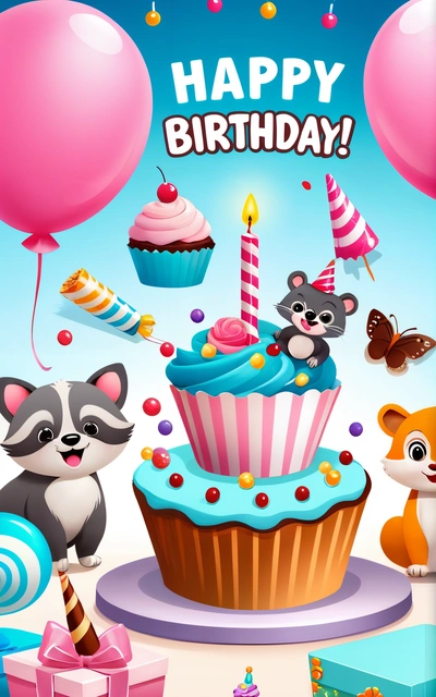 A Birthday card with a raccoon and a cupcake with candles and balloons on it, and a raccoon and a cake with a candle, plain background, a screenshot, naive art