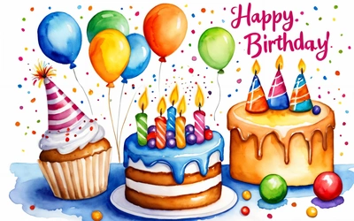 A Birthday cake with candles and balloons on it with a happy Birthday message on the side of the cake is a cupcake with candles and a cake with, plain background, a pastel, naive art