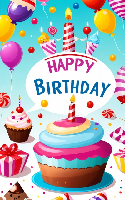A Birthday card with a cupcake and balloons in the background and a happy Birthday sign above it that says happy Birthday with a lot of cupcakes, plain background, a pastel, naive art
