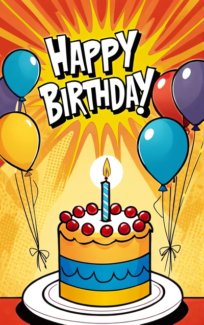 A Birthday cake with a candle and balloons on it with a happy Birthday message on the top of the cake and the words happy Birthday written in the middle, plain background, a pastel, american barbizon school