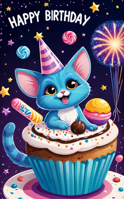 A blue cat sitting on top of a cupcake with a candle and a candy on it's side, with a happy Birthday message in the middle, highly detailed digital painting, a character portrait, pop surrealism