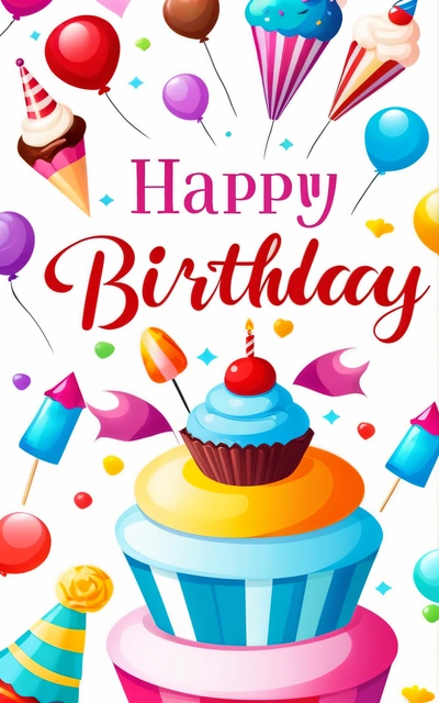 A Birthday card with a cupcake and balloons on it, and the words happy Birthday written in red on the front of the card, plain background, a pastel, international typographic style