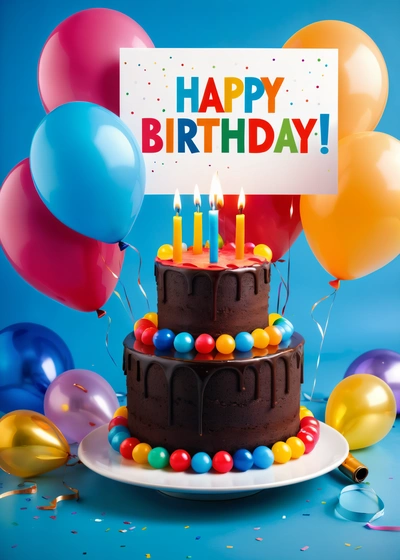 A Birthday cake with a sign on top of it surrounded by balloons and streamers on a blue background with a blue backdrop and a blue backdrop, plain background, a pastel, american barbizon school