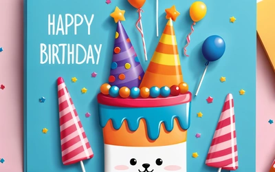 A Birthday card with a cake and balloons on it with a happy face on it and a bear face on the top of the cake, plain background, a pastel, naive art