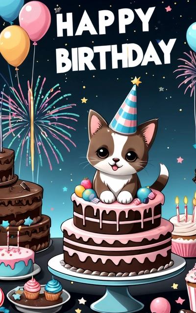 A Birthday card with a cat sitting on a cake surrounded by cupcakes and balloons and a cake with candles on it, and a Birthday card with a cat on the, cute and funny, a pastel, net art