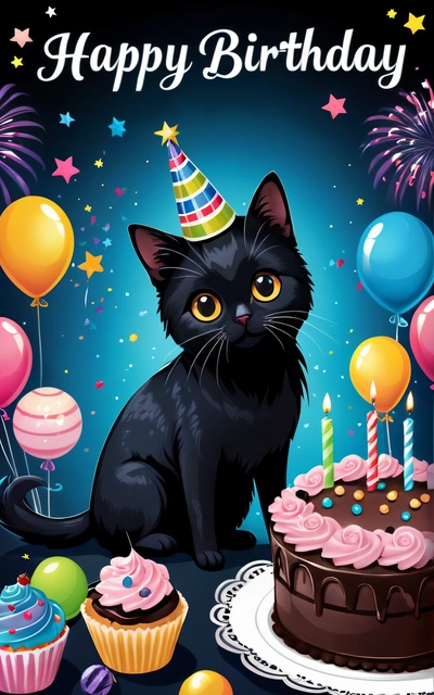 A black cat sitting in front of a Birthday cake with candles and balloons on it's side and a Birthday card with a cat on the front, black background, a pastel, furry art