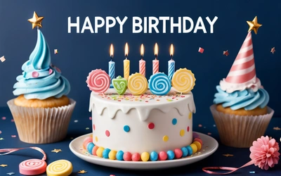 A Birthday cake with candles and cupcakes on a table with confetti and streamers around it and a blue background with confetti and stars, plain background, a pastel, international typographic style