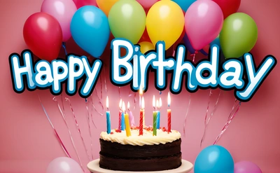 A Birthday cake with candles and balloons in the background with the words happy Birthday written on it in blue and white lettering on a pink background, plain background, a pastel, american barbizon school