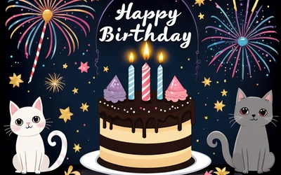 A Birthday cake with candles and two cats sitting next to it with fireworks in the background and a black background with stars and confetti, dark background, a pastel, american barbizon school