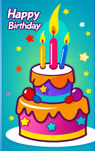 A Birthday cake with three candles on it with stars around it and a blue background with a happy Birthday message on it's side, promotional image, a pastel, net art