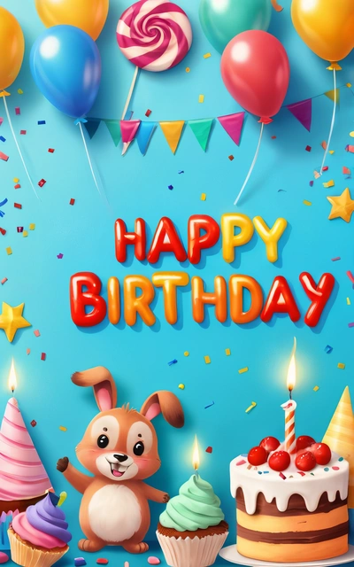 A Birthday card with a bunny and cupcakes and balloons and streamers and streamers around the cake and candles on the table, behance hd, a screenshot, naive art
