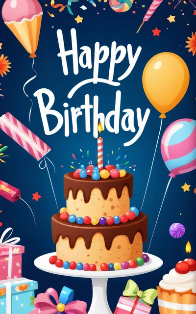 A Birthday cake with candles and balloons on a table with presents and balloons in the background with the words happy Birthday written on it in white, plain background, a pastel, international typographic style