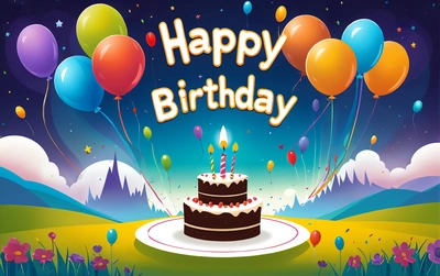 A Birthday cake with balloons and a happy Birthday message on it's card that says happy Birthday to you and to all of us, plain background, a pastel, american barbizon school