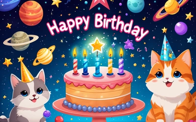 A Birthday card with two cats and a cake with candles on it and planets in the background with stars and a star on the top, happy, a pastel, space art