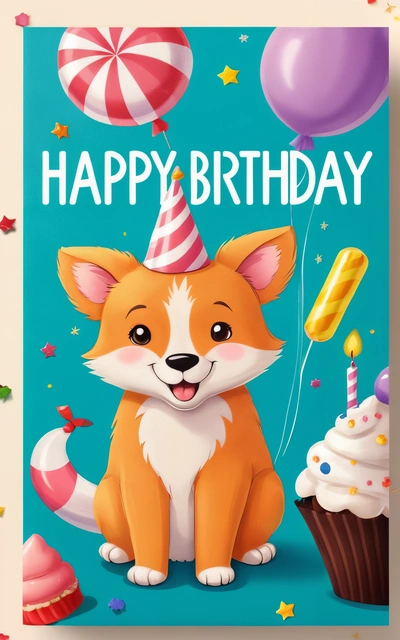 A Birthday card with a cartoon dog and cupcakes on it, with a happy Birthday message in the middle of the card,, trending on furaffinity, a digital rendering, furry art