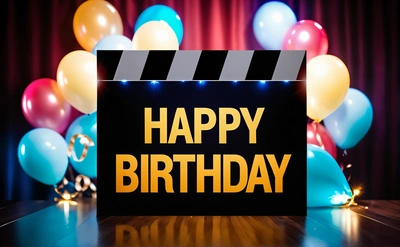 A clapper board with the words happy Birthday on it and balloons in the background with a red curtain and a red curtain behind it, filmic, a 3d render, video art