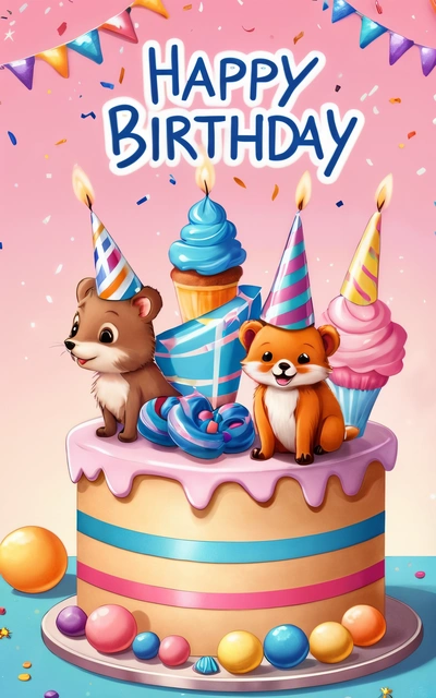 A Birthday card with a cake and two animals on it, and a pink background with confetti and balloons and confetti, plain background, a screenshot, furry art