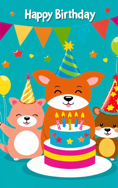 A Birthday card with a bear and two bears with a cake and balloons in the background and a banner with the words happy Birthday written on it, behance hd, a storybook illustration, furry art