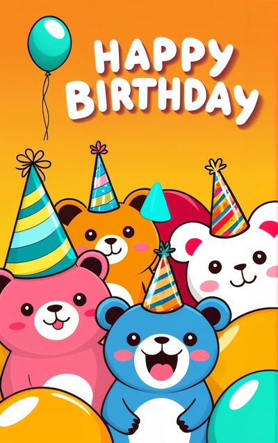 A Birthday card with a bunch of teddy bears and balloons on it, and a happy Birthday message in the middle of the card is a cartoon bear, happy, a screenshot, net art