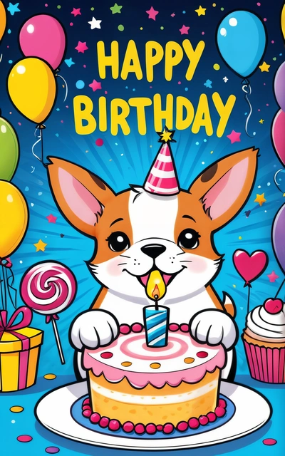 A cartoon dog with a Birthday cake and balloons in the background with a happy Birthday message on it's card that says happy Birthday, p, a digital rendering, furry art