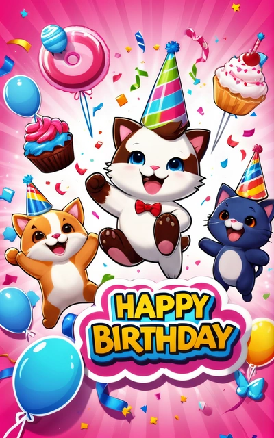 A happy Birthday card with cats and balloons on it, and a happy Birthday message in the middle of the card is a cat with a hat and balloons, 2 d game art, computer graphics, furry art