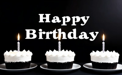 Three cupcakes with candles sitting on plates with the words happy Birthday written on them in white letters on a black background with a black background, plain background, a pastel, international typographic style
